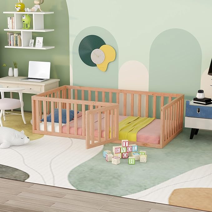 Twin Size Floor Bedframe with Door and Safety Guardrails Fence, Solid Wooden Toddler Montessori Platform Bed for Children Bedroom, Boys Girls, Kids Playroom