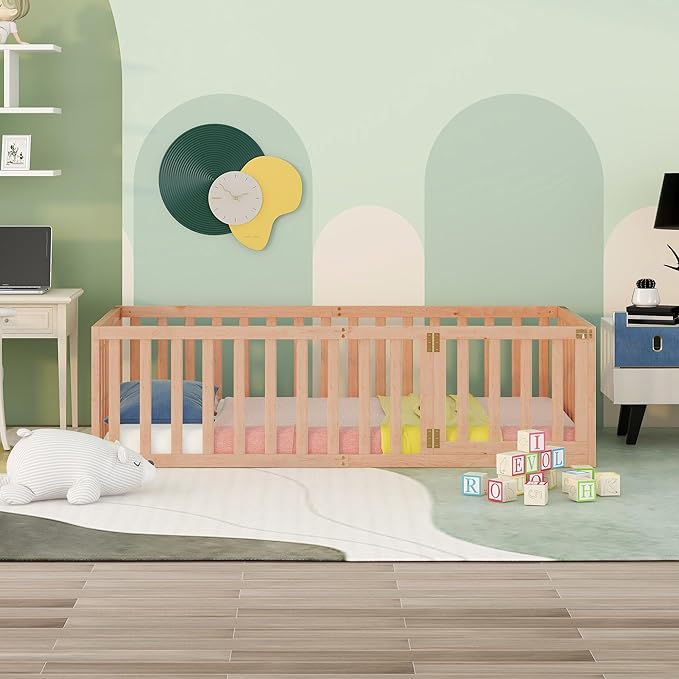 Twin Size Floor Bedframe with Door and Safety Guardrails Fence, Solid Wooden Toddler Montessori Platform Bed for Children Bedroom, Boys Girls, Kids Playroom