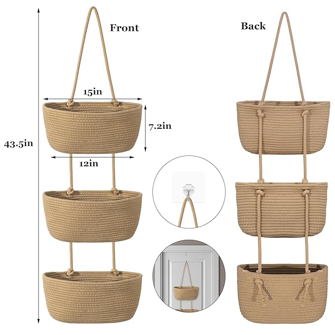 3 Tier Wall Mounted Woven Hanging Basket, Over the Door Hanging Basket with Hooks, Decorative Storage Hanging Closet Removable, Large Wall Basket for Living Room, Bedroom (White & Brown)