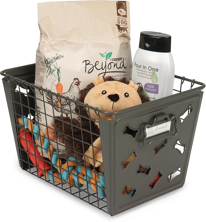 Spectrum Diversified Macklin Basket Steel Bin Bone Design, Pet Accessory Rust-Resistant Finish, Dog Toy Organization & Storage, Medium, Industrial Gray
