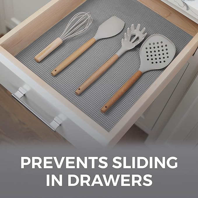 HOME GENIE Drawer Shelf and Cabinet Liner, Durable with Strong Grip, 17.5 Inch x 10 FT, Non Adhesive Liners Protect Kitchen Cabinets and Cupboard, Bathroom Drawers and Shelves, Desks, Soft Gray