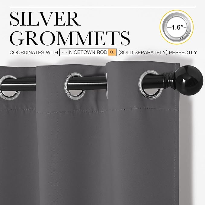 NICETOWN Bedroom Curtains Blackout Drapery Panels, Three Pass Microfiber Thermal Insulated Solid Ring Top Blackout Window Curtains/Drapes (Two Panels, 34 x 84 inches, Gray)