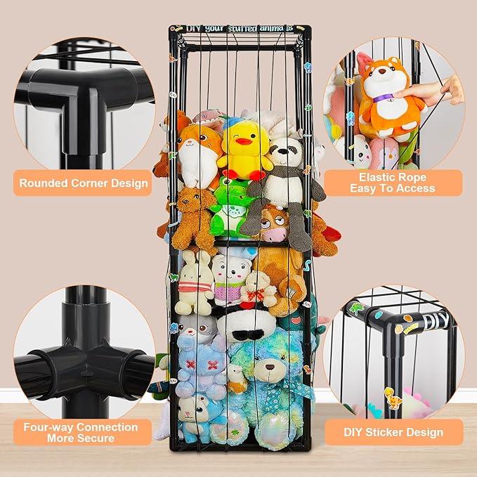 FIOBEE Stuffed Animals Storage Zoo Thicken PVC Tube Kids Toy Storage Organizer with Elastic Band Large Stuffed Animals Holder for Nursery Playroom Bedroom Room Furniture Plush Storage, Black