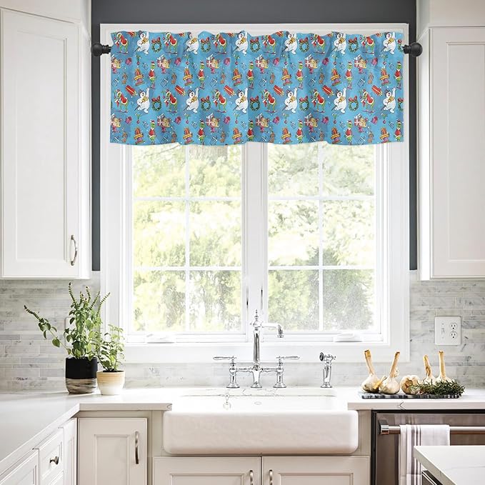 Snowman and Grin-ch Christmas Window Valance for Kitchen Living Room Retro Style Window Curtain for Bedroom Funny Christmas Window Valance Rod Pocket Window Treatment Christmas Decors, 54" W x 18" L