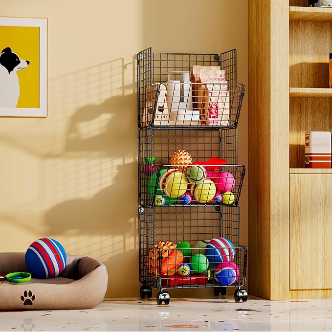 Sonyabecca Toy Organizer Basket Shelf with Wheel, S-Hooks, Rolling Cart Hanging Storage Baskets for Child Room, Playroom, Bedroom, Kitchen (Black)