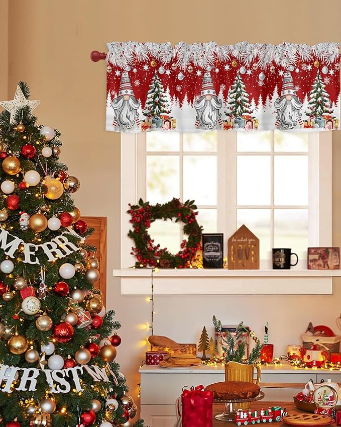 Christmas Gnome Valance Curtains for Kitchen Windows Winter Merry Christmas Tree Balls Rod Pocket Window Treatment Toppers for Kitchen/Living Room/Bedroom/Bathroom, 42" X 12", Red