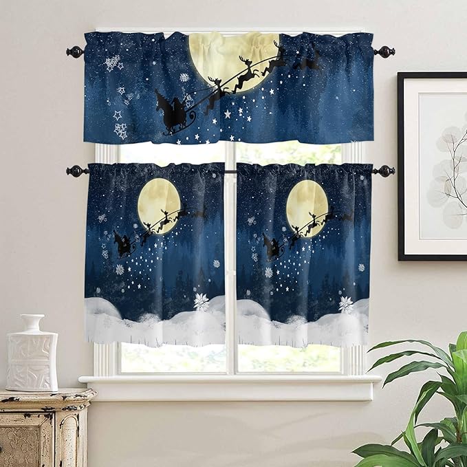 Christmas Kitchen Curtains and Valances Set, Santa Claus Reindeer Window Treatments Tiers Blue Snowy Night Semi Sheer Half/Short Curtains for Small Windows Cafe/Living Room/Bedroom 54x 36 in