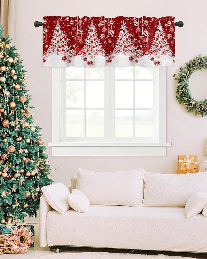 Red Christmas Valance Curtains for Kitchen Windows White Xmas Tree Snowflakes Red Balls Rod Pocket Window Treatment Toppers for Kitchen/Living Room/Bedroom/Bathroom, 60" X 18", Winter
