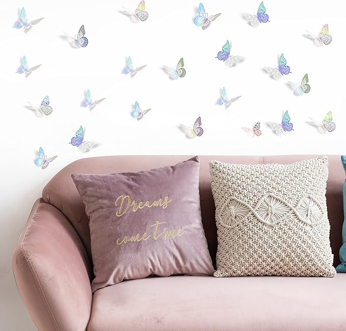 SAOROPEB 3D Butterfly Wall Decor 48 Pcs 4 Styles 3 Sizes, Butterfly Birthday Decorations Butterfly Party Decorations Cake Decorations, Removable Stickers (Laser)