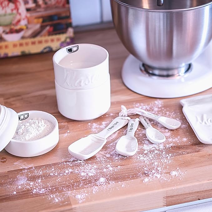 Mason Jar Kitchen Accessories Set - Ceramic Jar with Lid, Measuring Cups & Spoons, Utensil Holder for Stove, and Sponge Holder Ceramic - Vintage Utensil Rest & Condiment Shakers (White, 17-Pieces)
