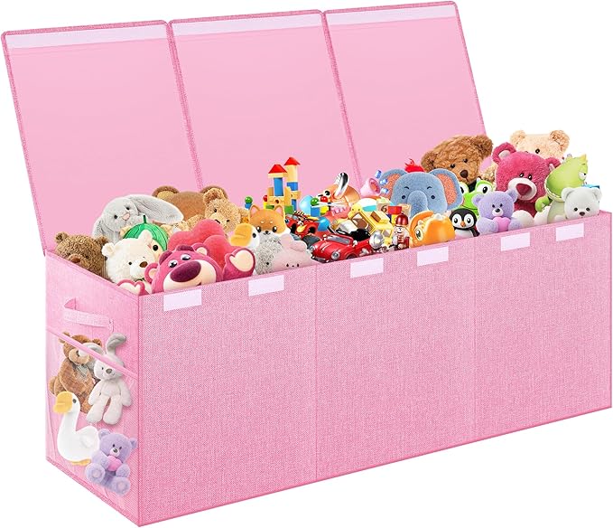 Extra Large Toy Box, Toy Box for Kids Boys Girls, Collapsible Sturdy Toy Storage Organizer with Mesh Pockets, 41"x14"x16" Kids Toy Chest Boxes Bins Baskets for Nursery, Playroom, Pink