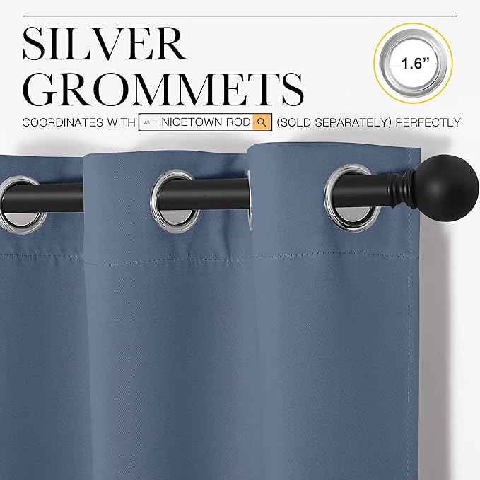 NICETOWN Short Curtains for Kitchen, Thermal Insulated Solid Grommet Blackout Window Treatment Curtain Panels for Loft, Cafe (Stone Blue, 1 Pair, 42 inches Wide by 68 inches Long)