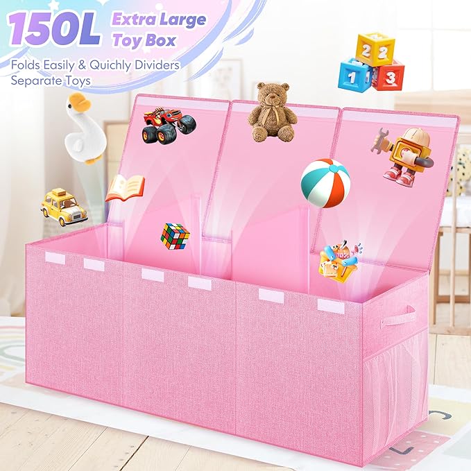 Extra Large Toy Box, Toy Box for Kids Boys Girls, Collapsible Sturdy Toy Storage Organizer with Mesh Pockets, 41"x14"x16" Kids Toy Chest Boxes Bins Baskets for Nursery, Playroom, Pink