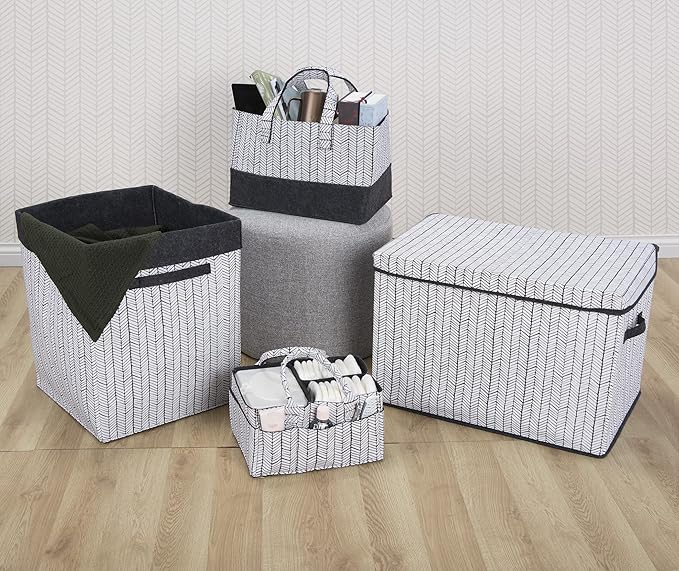 Sammy & Lou Collapsible Felt Soft Toy Box Toy Chest for Toddlers Toy Storage Organizer with Handles and Hinged Lid, 22 x 14.5 x 15 inches, Herringbone