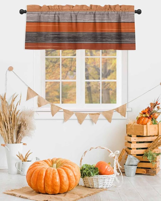 Farmhouse Kitchen Curtains Thanksgiving Fall Valances for Windows Burnt Orange Gray Rod Pocket Country Window Treatment for Kitchen /Living Room/Bedroom/ Bath,60" X 18" -1 Panel, Rustic Wood Texture
