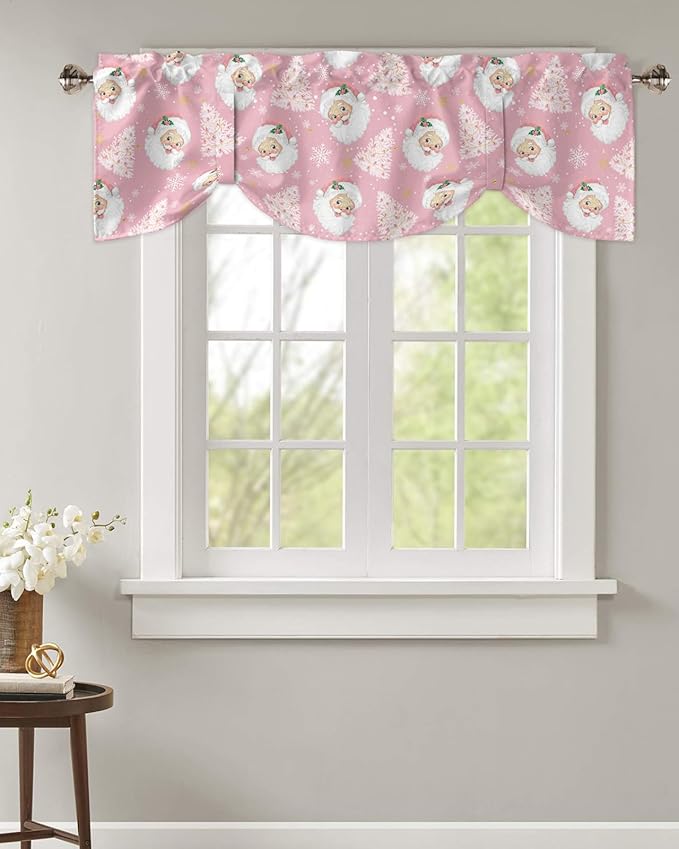 Pink Christmas Blackout Tie Up Valance Curtains for Kitchen Windows Santa Claus Merry Christmas Tree Window Toppers Balloon Shades for Living Room/Bathroom/Bedroom,1 Panel, 60" X 18", Winter Snowflake