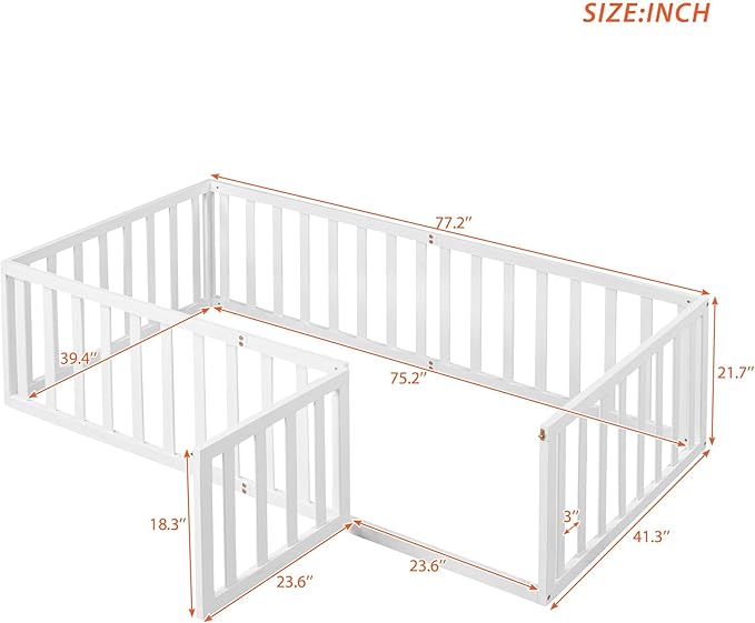 Twin Size Floor Bedframe with Door and Safety Guardrails Fence, Solid Wooden Toddler Montessori Platform Bed for Children Bedroom, Boys Girls, Kids Playroom