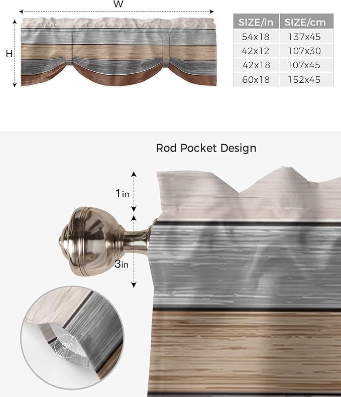 Farmhouse Fall Blackout Tie Up Valance Curtains for Kitchen Windows, Brown Grey Window Toppers Balloon Shades for Living Room/Bathroom/Bedroom,1 Panel,42" X 18" Retro Rustic Barn Wood Texture