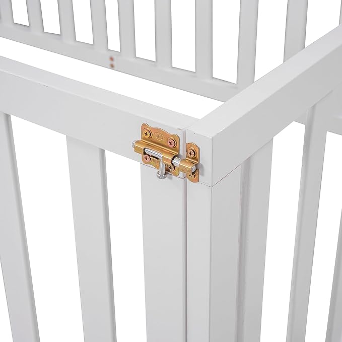 Twin Size Floor Bedframe with Door and Safety Guardrails Fence, Solid Wooden Toddler Montessori Platform Bed for Children Bedroom, Boys Girls, Kids Playroom