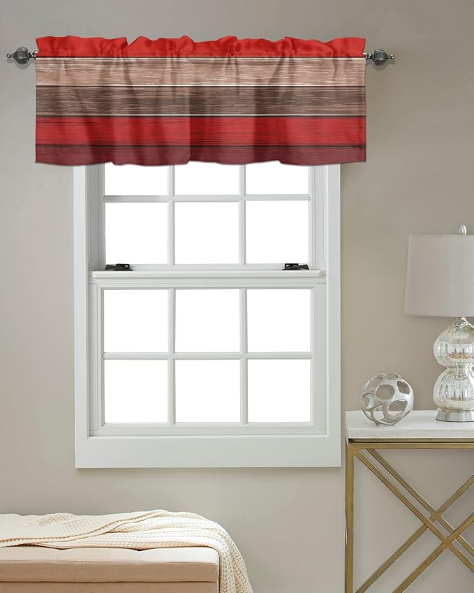 Farmhouse Kitchen Curtains Valances for Windows , Christmas Red Brown Rod Pocket Country Window Treatment for Kitchen /Living Room/Bedroom/ Bathroom,42" X 18" -1 Panel, Retro Rustic Barn Wood Texture