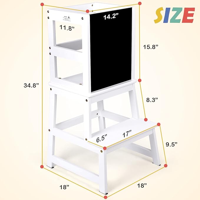 Kids Kitchen Step Stool with Chalkboard & Safety Rail for Toddlers 18 Months and Older, Safety Anti-Slip Protection, Removable Step Stool for Adult Use, White