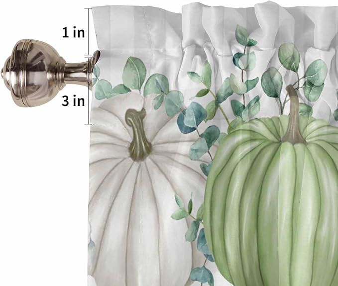 Fall Thanksgiving Kitchen Curtains Valances for Windows Autumn Pumpkins Eucalyptus Leaves Rod Pocket Window Treatment for Kitchen /Living Room/Bedroom/ Bathroom, 60" X 18", White Blue Green Gray Plaid