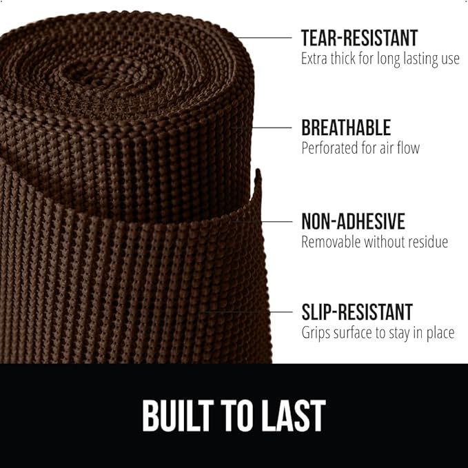 Gorilla Grip powerGRIP Drawer Shelf and Cabinet Liner, Thick Strong Hold, Non-Adhesive Liners Protect Kitchen Cabinets and Cupboard, Bathroom Drawers, Easy Install, Breathable Mat, 12" x10', Chocolate