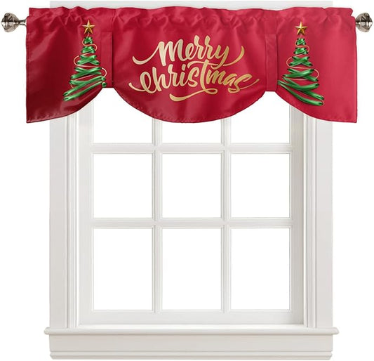 Merry Christmas Blackout Tie Up Valance Curtains for Kitchen Windows Christmas Tree Window Toppers Balloon Shades for Living Room/Bathroom/Bedroom,1 Panel,54" X 18" Winter Holidays