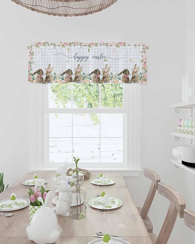 Rabbits Flowers Easter Kitchen Curtains Valances for Windows Eucalyptus Leaf Spring Summer Rod Pocket Window Treatment for Kitchen /Living Room/Bedroom/ Bathroom, 42" X 18", Grey White Buffalo Plaid