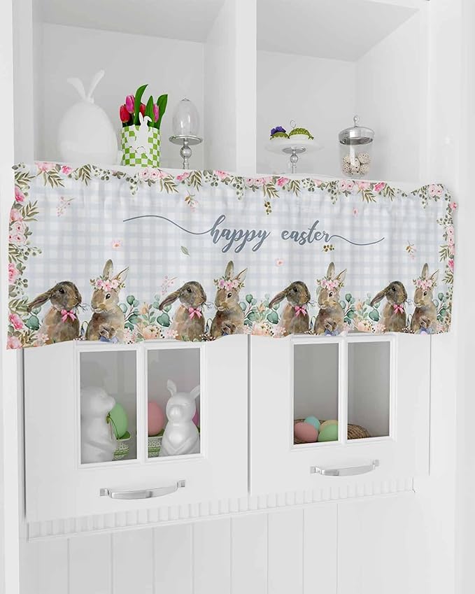 Rabbits Flowers Easter Kitchen Curtains Valances for Windows Eucalyptus Leaf Spring Summer Rod Pocket Window Treatment for Kitchen /Living Room/Bedroom/ Bathroom, 42" X 18", Grey White Buffalo Plaid