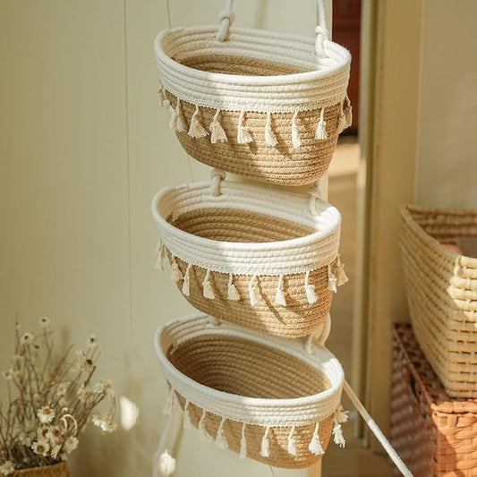 TeoKJ Over The Door Hanging Baskets, 3-Tier Woven Cotton Storage Organizer Bag with Tassels Wall-Mounted Decorative Hanging Nursery Baskets