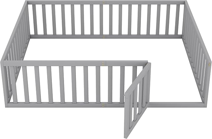 Queen Size Floor Bed with Fence, Solid Wood Floor Bed Frame for Kids with Door, Twin Platform Bed for Boys and Girls Kids Teens, Fun Design, for Children Bedroom
