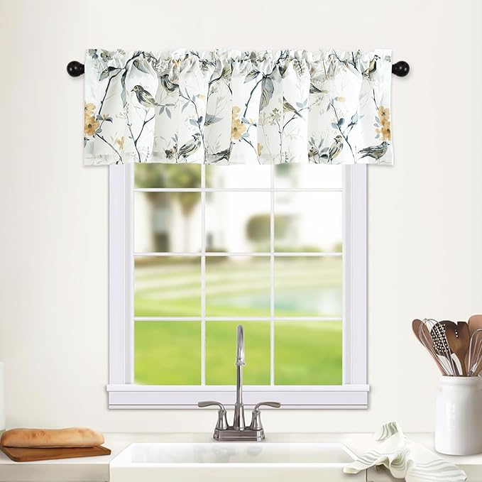 Leeva Kitchen Curtains Valances for Kids Room Porch, Linen Energy Efficient Birds Print Pattern Rod Pocket Small Drapes for Bedroom, 52 x 12, Grey, One Panel