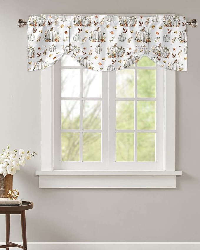 Fall Floral Leaves Blackout Tie Up Valance Curtains for Kitchen Windows Thanksgiving Pumpkins Window Toppers Balloon Shades for Living Room/Bathroom/Bedroom,1 Panel,42" X 18" Boho