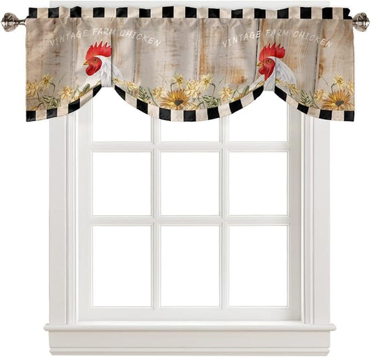 Farmhouse Blackout Tie Up Valance Curtains for Kitchen Windows Sunflower Vintage Farm Chicken Window Toppers Balloon Shades for Living Room/Bathroom/Bedroom,1 Panel,42" X 12" Black White Plaid