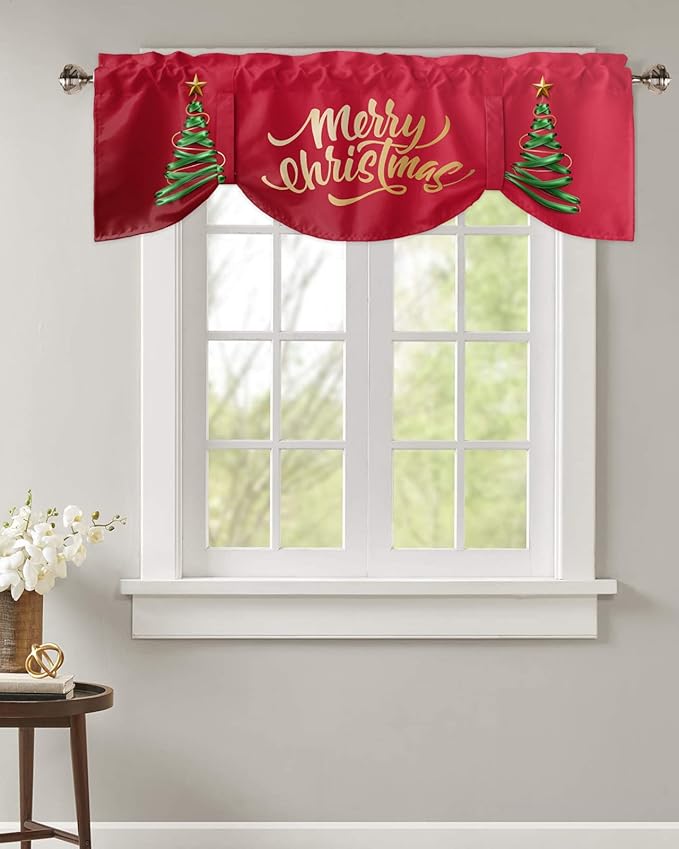 Merry Christmas Blackout Tie Up Valance Curtains for Kitchen Windows Christmas Tree Window Toppers Balloon Shades for Living Room/Bathroom/Bedroom,1 Panel,54" X 18" Winter Holidays