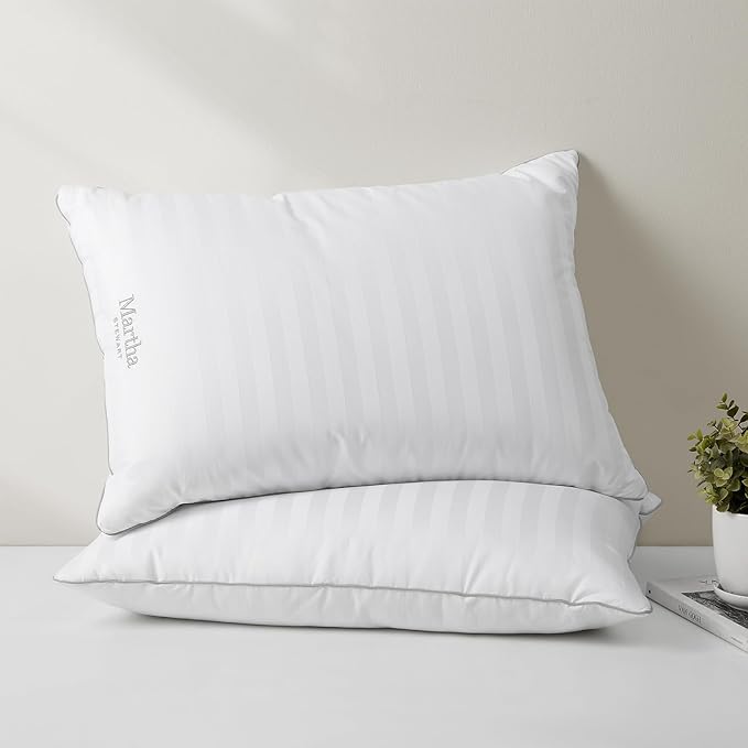 MARTHA STEWART Hotel Collection Meidum Soft Feather Down Pillows 100% Cotton 500 Thread Count Damask Stripe Embroidered, Queen Size Set of 2, White 2