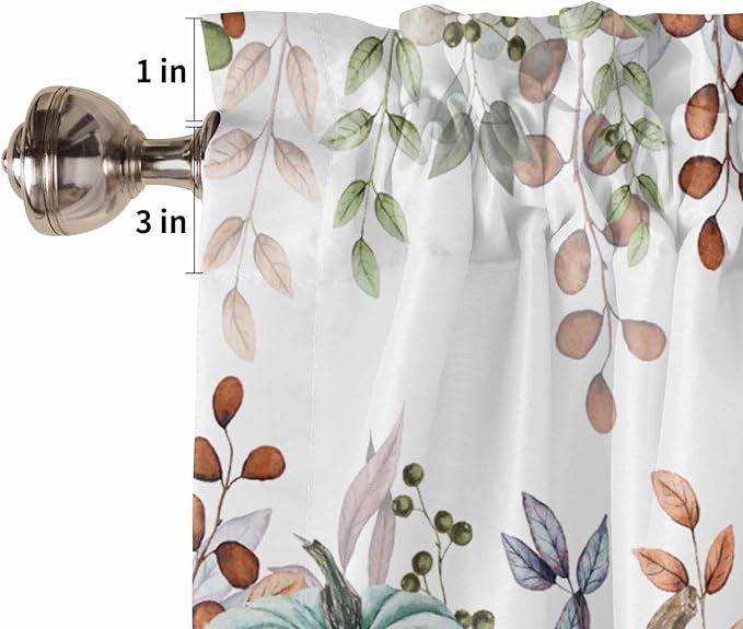 Fall Thanksgiving Kitchen Curtains Valances for Windows Autumn Pumpkins Eucalyptus Leaves Rod Pocket Window Treatment for Kitchen /Living Room/Bedroom/ Bathroom, 42" X 18", Blue Sage Green Orange