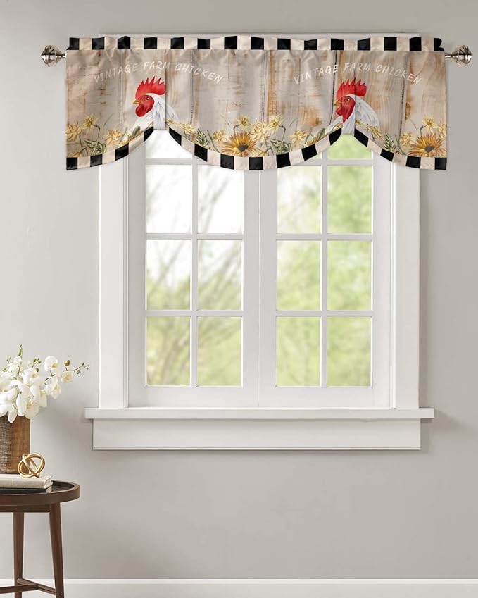 Farmhouse Blackout Tie Up Valance Curtains for Kitchen Windows Sunflower Vintage Farm Chicken Window Toppers Balloon Shades for Living Room/Bathroom/Bedroom,1 Panel,42" X 12" Black White Plaid