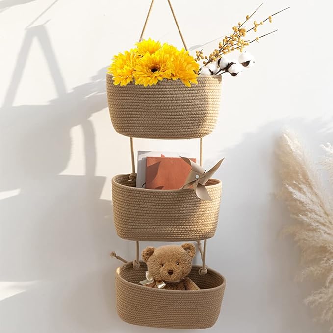 TeoKJ Over the Door Hanging Basket, 3-Tier Woven Cotton Wall-Mounted Storage Organizer Bag Decorative with Self Adhesive Write-On Sticker Hanging Nursery Baskets - Jute