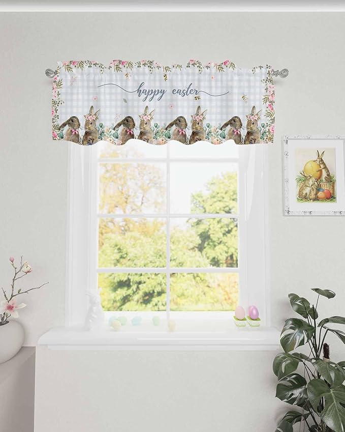 Rabbits Flowers Easter Kitchen Curtains Valances for Windows Eucalyptus Leaf Spring Summer Rod Pocket Window Treatment for Kitchen /Living Room/Bedroom/ Bathroom, 42" X 18", Grey White Buffalo Plaid