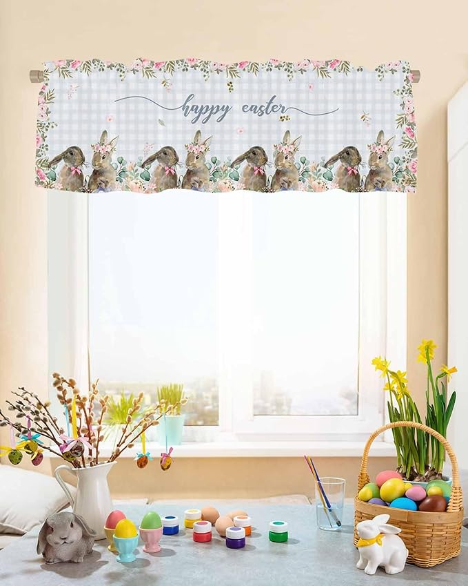 Rabbits Flowers Easter Kitchen Curtains Valances for Windows Eucalyptus Leaf Spring Summer Rod Pocket Window Treatment for Kitchen /Living Room/Bedroom/ Bathroom, 42" X 18", Grey White Buffalo Plaid