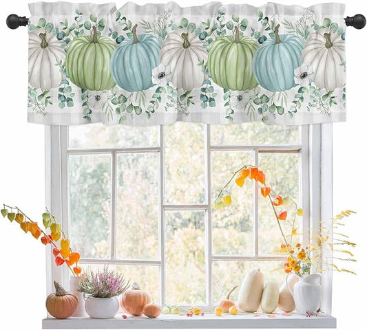 Fall Thanksgiving Kitchen Curtains Valances for Windows Autumn Pumpkins Eucalyptus Leaves Rod Pocket Window Treatment for Kitchen /Living Room/Bedroom/ Bathroom, 60" X 18", White Blue Green Gray Plaid