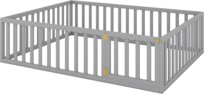 Queen Size Floor Bed with Fence, Solid Wood Floor Bed Frame for Kids with Door, Twin Platform Bed for Boys and Girls Kids Teens, Fun Design, for Children Bedroom