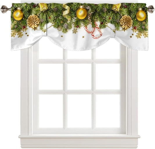 Christmas Blackout Tie Up Valance Curtains for Kitchen Windows Pine Cones Window Toppers Balloon Shades for Living Room/Bathroom/Bedroom,1 Panel,60" X 18" Golden Ornament Balls