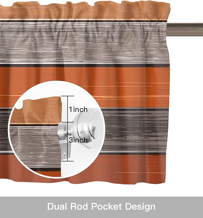Farmhouse Kitchen Curtains Thanksgiving Fall Valances for Windows Burnt Orange Gray Rod Pocket Country Window Treatment for Kitchen /Living Room/Bedroom/ Bath,60" X 18" -1 Panel, Rustic Wood Texture