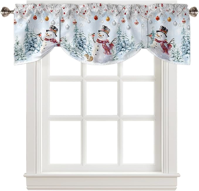 Snowman Blackout Tie Up Valance Curtains for Kitchen Windows Blue Merry Christmas Tree Red Balls Squirrel Window Toppers Balloon Shades for Living Room/Bathroom/Bedroom,1 Panel, 42" X 18", Winter