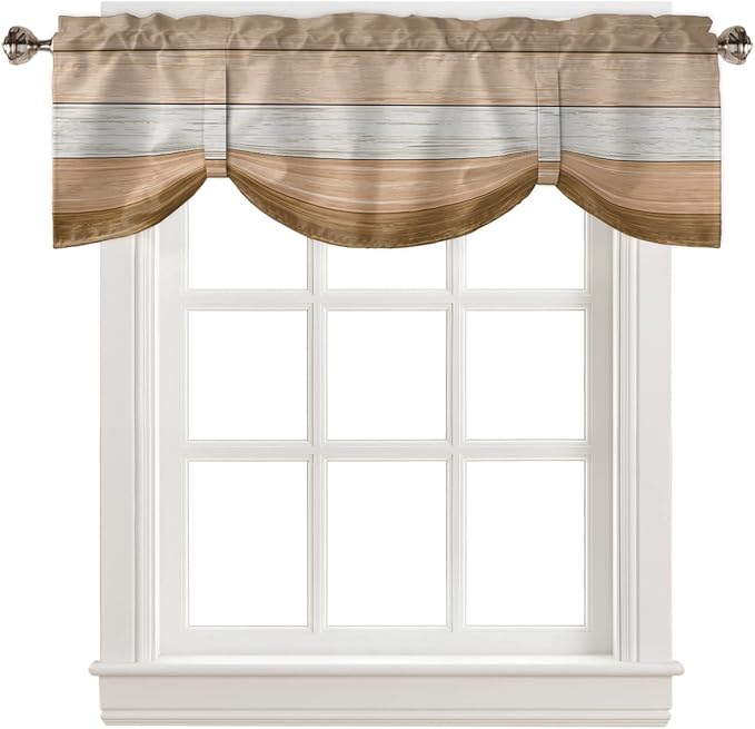 Farmhouse Summer Blackout Tie Up Valance Curtains for Kitchen Windows,Brown Beach Fall Window Toppers Balloon Shades for Living Room/Bathroom/Bedroom,1 Panel,42" X 12" Rustic Barn Wood Texture