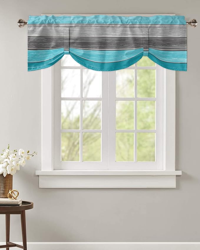 Farmhouse Blackout Tie Up Valance Curtains for Kitchen Windows, Aqua Blue Gray Window Toppers Balloon Shades for Living Room/Bathroom/Bedroom,1 Panel,54" X 18" Retro Rustic Barn Wood Texture