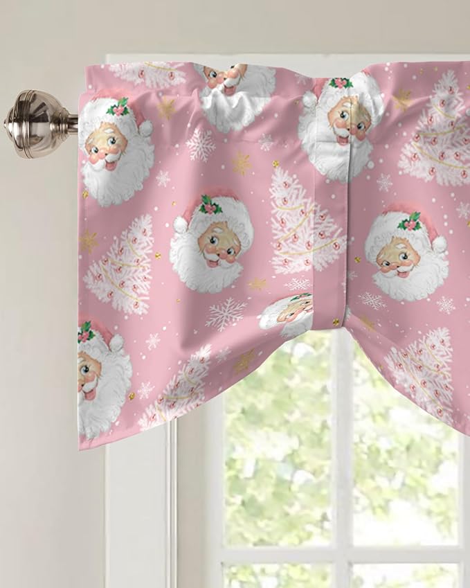 Pink Christmas Blackout Tie Up Valance Curtains for Kitchen Windows Santa Claus Merry Christmas Tree Window Toppers Balloon Shades for Living Room/Bathroom/Bedroom,1 Panel, 42" X 12", Winter Snowflake